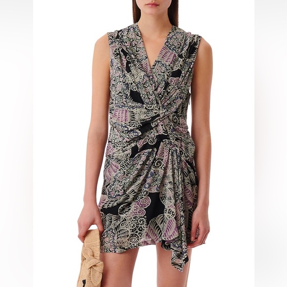 NWT IRO PARIS Rolina Twist Front Draped Printed Sleeveless SILK Mini Dress 36 - Picture 2 of 13